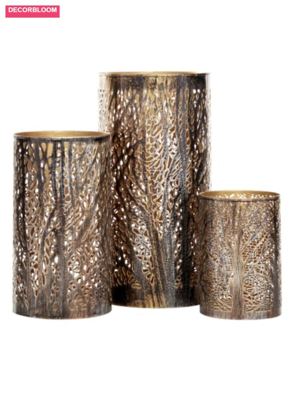 Set 3 Metal Candle Lanterns Tree Cutout Indoor Outdoor Decor - Picture 3 of 6